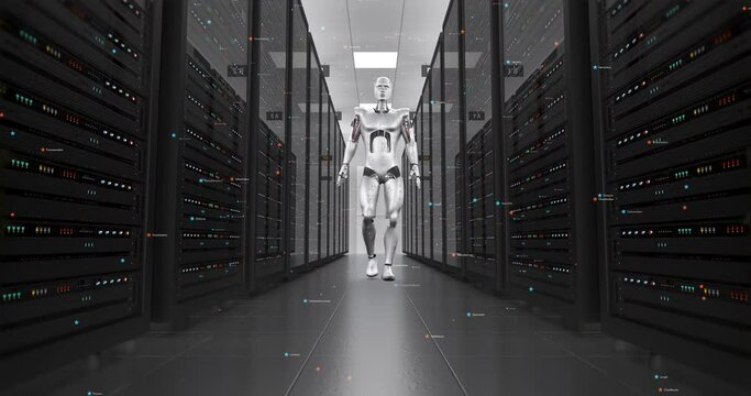 Flowing Data In A Modern Server Room. Confident Robot Walking. Technology Related 3D Animation.