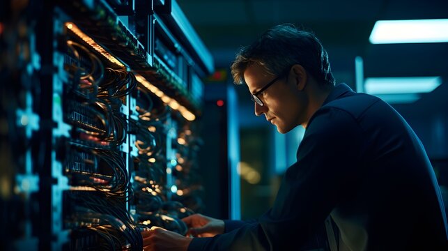 Data center diligence, eye-level shot of an engineer amidst server racks, checking cable connections and system lights, revealing the backbone of the digital world.
