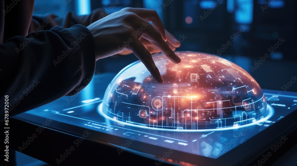 Poster hands touching the screen of a futuristic computer.