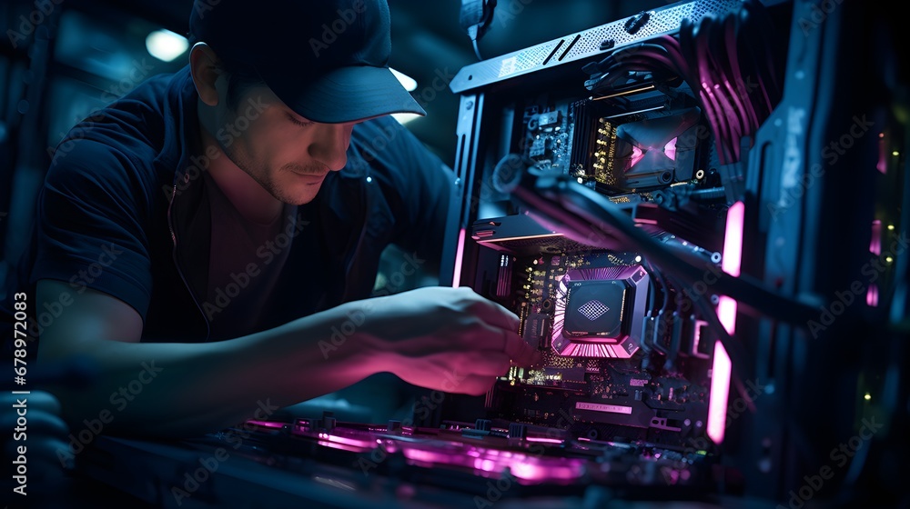 Fototapete Art of PC building, low-angle shot of an individual meticulously assembling components inside a custom PC rig, the LED lighting showcasing the blend of functionality and aesthetics.
