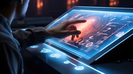 Hands touching the screen of a futuristic computer.