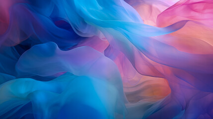 Obraz premium Heavenly light, dreamy pastel flowing silk waves. Baby blue, pink, yellow soft fabric wavy folds. Abstract luxury satin wave drapes background. Opaque see-though waves material backdrop, copy space