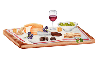 Composition with cheese, glass of red wine, bread, plate, olives and knife on wooden board. Hand drawn watercolor illustration isolated on transparent background. Rustic chic picnic tasting platter.