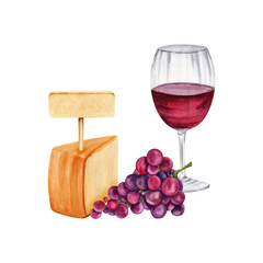 Composition with a piece of cheese, wine glass, red grapes. Hand drawn watercolor illustration isolated on transparent background. Rustic chic style picnic tasting platter. Empty mock up name tag.
