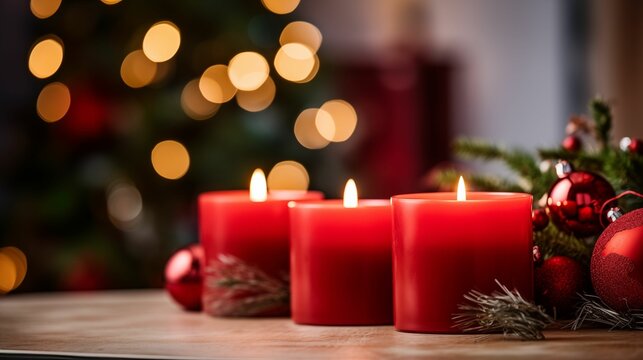 Image of a Christmas arrangement with red burning candles.