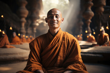 A monk is meditating smiling in an ancient temple. - obrazy, fototapety, plakaty