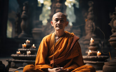A monk is meditating smiling in an ancient temple.