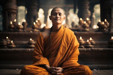 A monk is meditating smiling in an ancient temple.