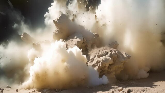 A series of implosions implodes a structure, gradually collapsing it into a cloud of dust and rubble.