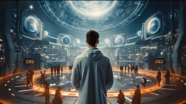 Rear view, A man in the world of futuristic technology social media, New age of 3D technology.