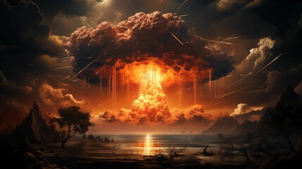Futuristic nuclear explosion on a dark background. - obrazy, fototapety, plakaty