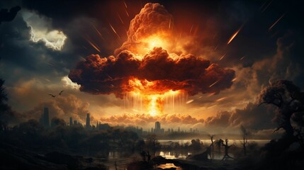 Futuristic nuclear explosion on a dark background.