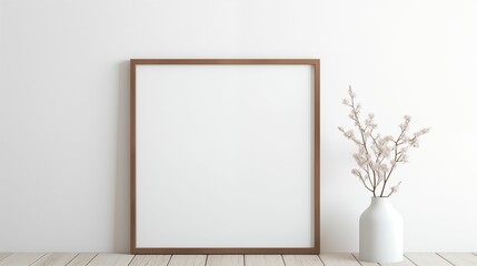 Fototapeta na wymiar Image of a blank frame hanging on a white wall.