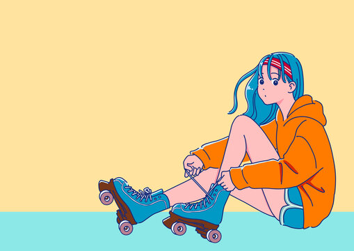 ローラースケートを履く女の子　レトロポップなアニメ調