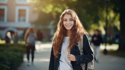Fototapeta premium Happy, woman or student portrait smiling wearing a backpack, at university, college or school. Confident, happy, and motivated youth female for education, learning and higher education