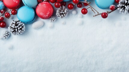 Winter background with red and blue macaroons on white background with snowflakes. Top view