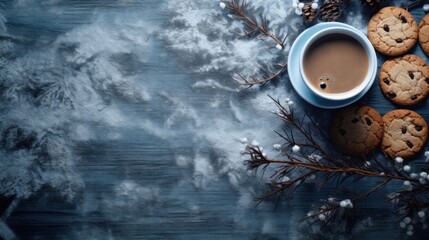 Winter background with hot coffee and cookies on grunge dark gray background with snowflakes. Top...