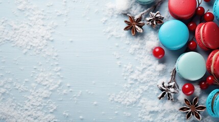 Winter background with red and blue macaroons on white background with snowflakes. Top view