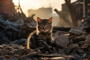 a sad cat sitting in destroyed buildings during palestine israel war conflict - obrazy, fototapety, plakaty