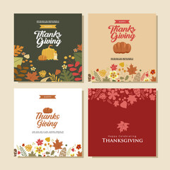 Set of Thanksgiving Card and Invitation with Trendy Floral Ornaments. Happy Thanksgiving Vector Illustration