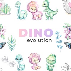 Seamless watercolor pattern baby dino with egg and mom for nursery design. Cartoon and cute dinosaurs for print, wallpaper, fabric