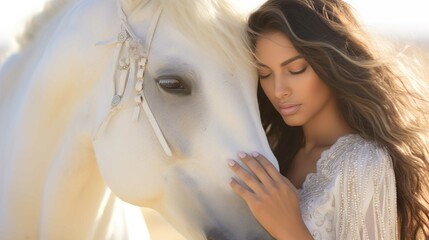 The image shows a close-up of a young woman and a white horse. The woman is leaning her face gently against the horse's face, with her hand on the horse's muzzle, suggesting a moment of connection or 