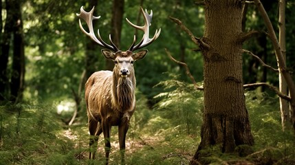 The image captures a majestic stag standing in a forest. The animal is facing forward towards the viewer, with a focal stance that conveys both calmness and authority. The stag has a full set of large