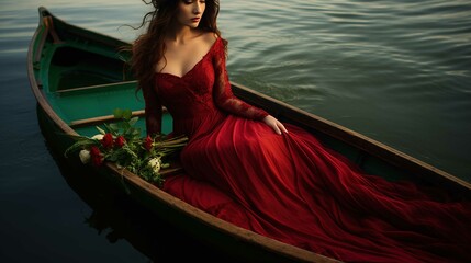 The image captures an elegant woman sitting in a green wooden rowboat that is on calm water, which...