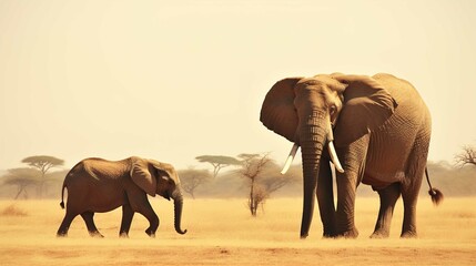 This image captures a serene scene of two African elephants in a savanna ecosystem. An adult...