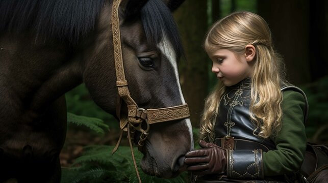 The image depicts a close and tender moment between a young girl and a horse. The girl is on the right side of the frame, and she is wearing a dark green jacket with intricate gold embroidery, and dar