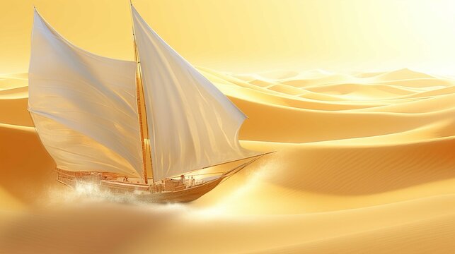 The image depicts a surreal scene where a wooden sailboat with large billowing white sails is sailing through a desert landscape of golden sand dunes. The sails are full, suggesting the presence of wi