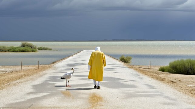 The image captures a solitary figure standing on a narrow road that cuts across a shallow body of water. The figure is wearing a bright yellow raincoat with a hood and white waterproof boots, their ba