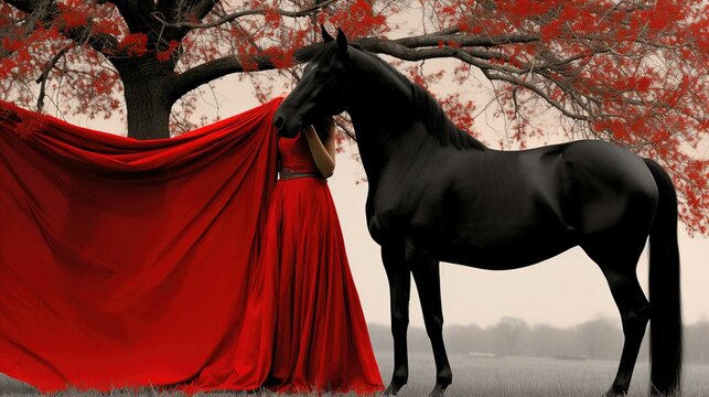 The image features a striking contrast of color with a woman in a flowing red dress standing beside a black horse. The background is grayscale with color splash technique applied only to the red tones