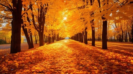 The image showcases a breathtaking autumn scene in a park with a central walking path covered with fallen leaves. The trees lining the path are tall and have full canopies, drenched in vibrant shades 