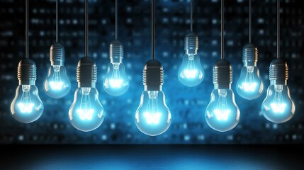 The image is a digital illustration featuring a series of light bulbs suspended from the ceiling by cables. There are eight light bulbs aligned horizontally in the center of the image, displayed again