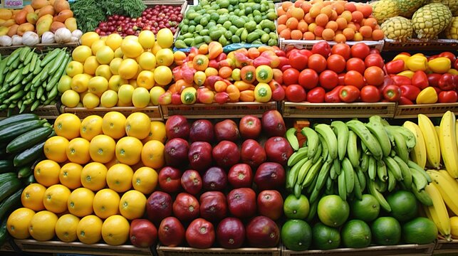 The image showcases a vibrant display of fresh fruits and vegetables arranged neatly on market stalls. The front row consists of green cucumbers, followed by bright yellow lemons, glossy red apples, a