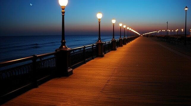 The image depicts a tranquil evening scene at a seaside boardwalk. The wooden boardwalk stretches into the distance, flanked by a series of lampposts that emit a warm glow, illuminating the path ahead