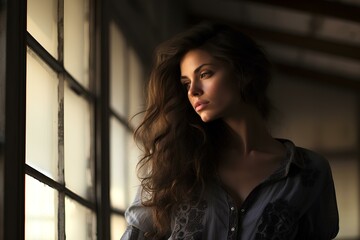 Fototapeta premium a beautiful confident and modern woman wearing a loose shirt sitting in a big open window in an old building looking outside. profile of the face. lovely. wistful. generative AI