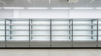 Empty grocery store refrigerated shelf, poised for product placement and renderings, offering a blank canvas for visualizing refrigerated food items in a retail setting