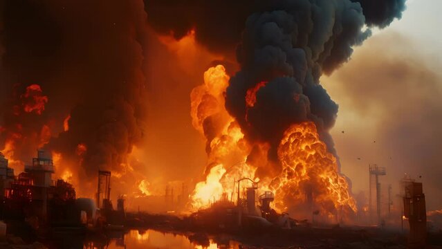An intense blast rips through an oil refinery, causing a chain reaction of fiery explosions and billowing smoke.