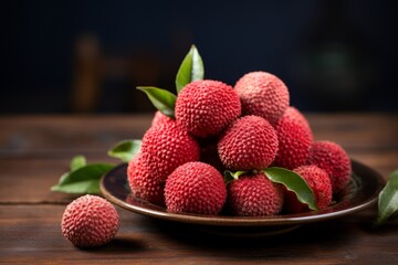 A close-up shot of ripe and juicy lychees, freshly picked and displayed on a rustic wooden table, with a peeled one revealing its translucent flesh and the seed within