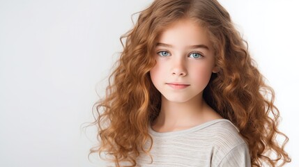 Fototapeta premium closeup photo portrait of a beautiful young children American model teen girl looking forward. child ad with copy space.