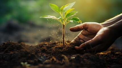 hold young tree ready to grow in fertile soil, prepare for plant and reduce global warming, Save world environment , save life, Plant a tree world environment day, sustainable , volunteer