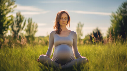 Fototapeta na wymiar Pregnant, woman, meditate or breathing exercises in garden or nature, for healthy pregnancy and preparing for childbirth. Mom to be practicing mindful meditation for mental health, peace and healthy