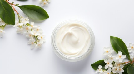 whitening and moisturizing Face cream in an open glass jar and flowers on white background. Set for spa, skin care and body products and solutions for skin problems such as scars, acne, wrinkles. - obrazy, fototapety, plakaty