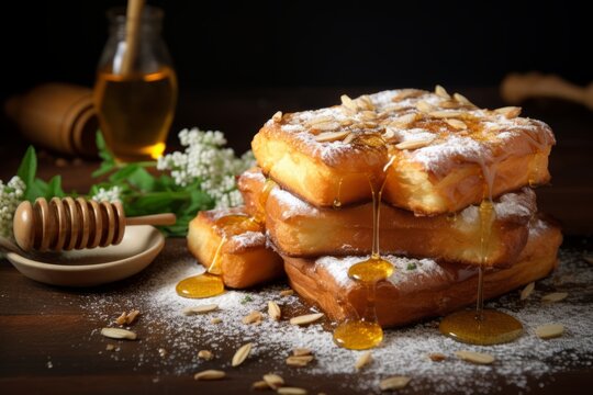 A traditional Greek dessert, Galaktoboureko, freshly baked and presented on a rustic wooden table, garnished with a sprinkle of powdered sugar and a side of honey