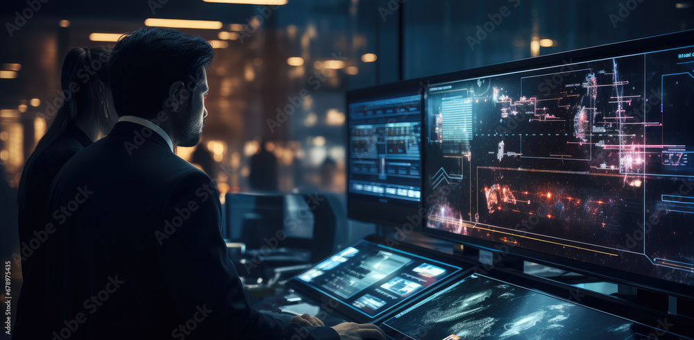 Poster security personnel reviewing dashboard in control room.