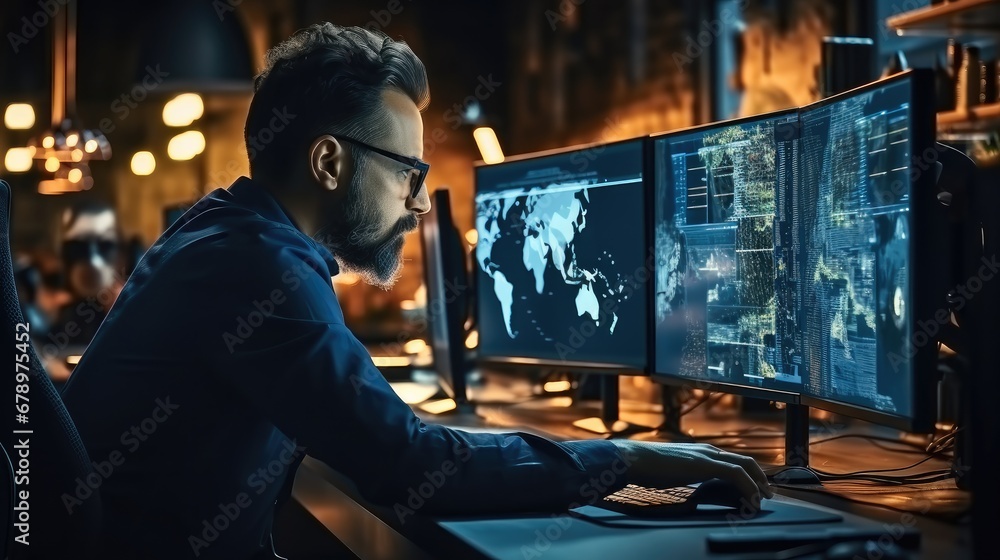 Poster Operational data analysis, Man trader at work on a computer with a multi-monitor workstation with various charts and digital data.