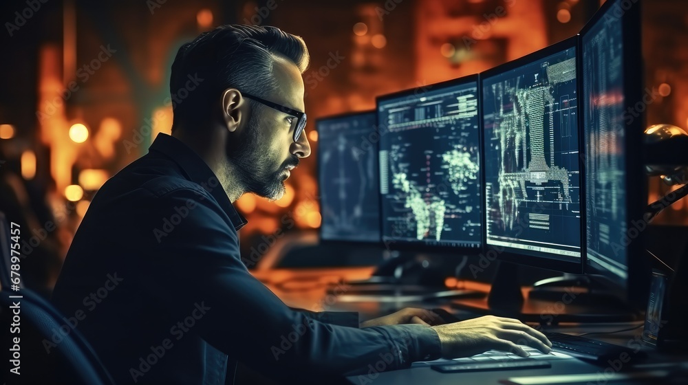 Poster Operational data analysis, Man trader at work on a computer with a multi-monitor workstation with various charts and digital data.
