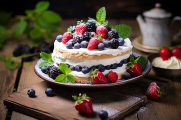 A beautifully crafted Spanische Windtorte, adorned with fresh berries and mint leaves, sitting elegantly on a rustic wooden table, ready to be savored